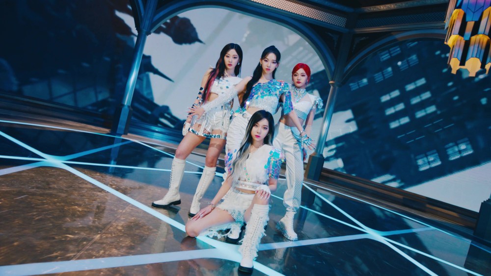 Members of the K-pop band aespa in their "Next Level" music video.