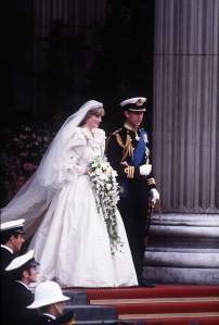 Prince Charles, Prince of Wales and Diana, Princess of Wales, wearing a wedding dress designed by David and Elizabeth Emanuel and the Spencer family Tiara, leave St. Paul's Cathedral following their wedding on July 29, 1981 in London, England.