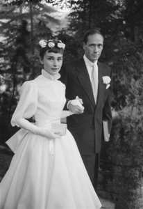 Audrey Hepburn and Mel Ferrer on their wedding day. Dress designed by Balmain.